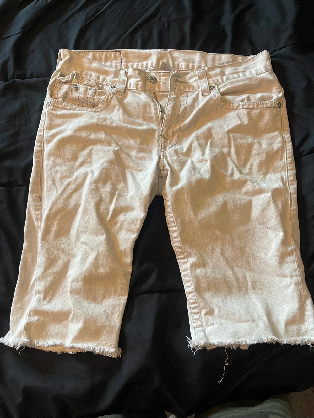 True Religion Men's Cream Denim Jean Shorts with Frayed Hem